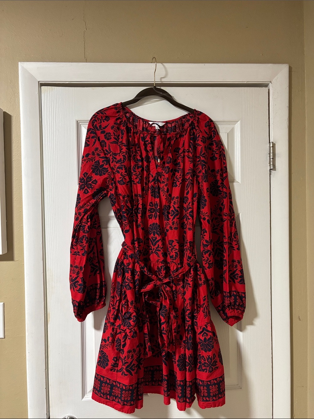 Time and Tru Red Long Sleeve Floral Tie-Waist Dress